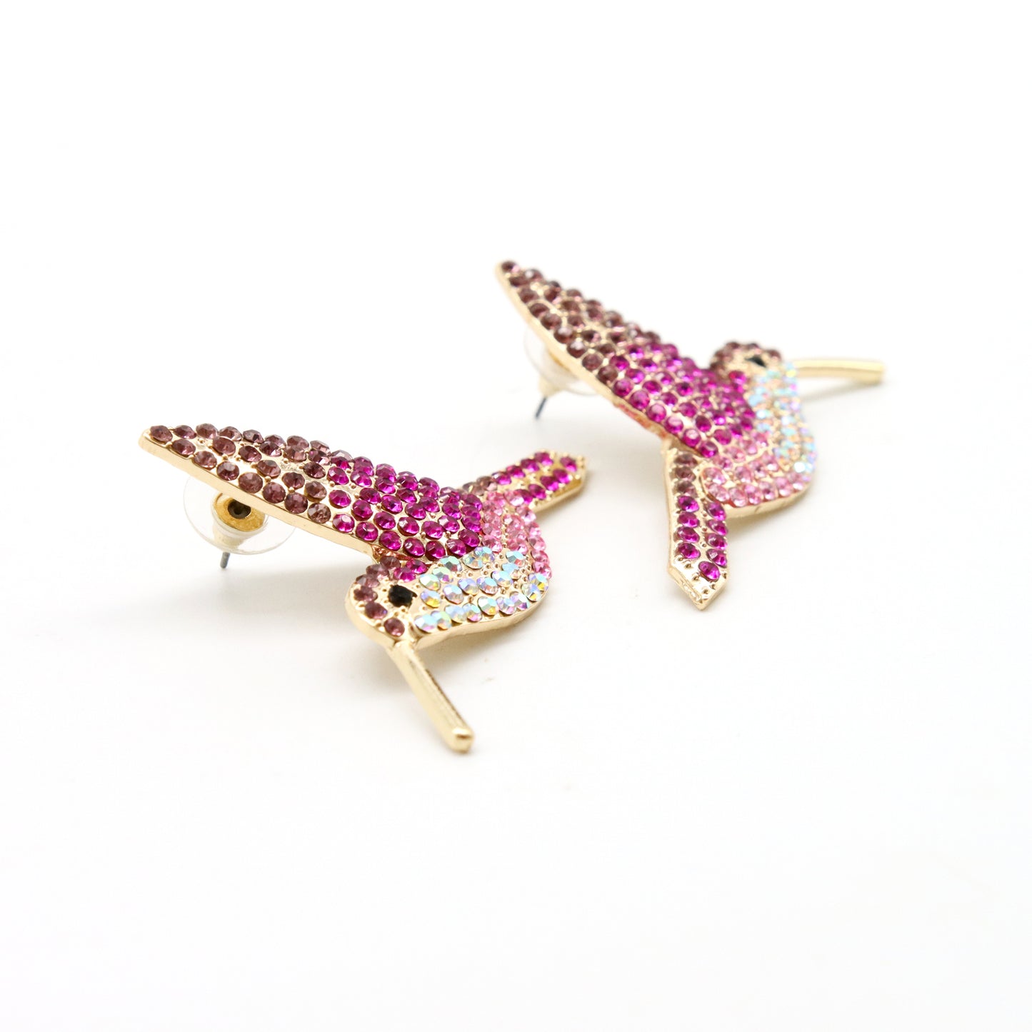 Aretes Volátiles Colibrí con Cristales Rosas y Dorados