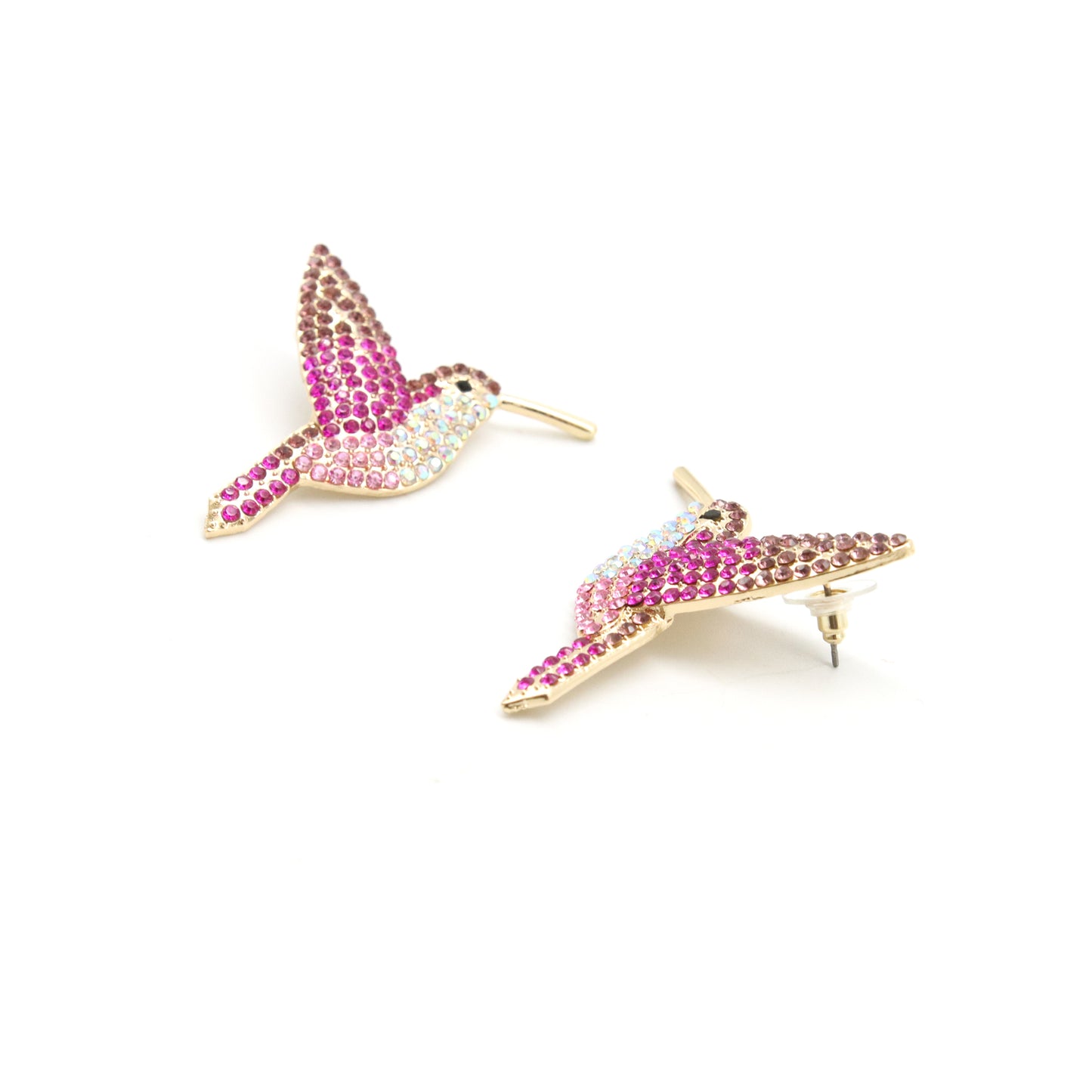 Aretes Volátiles Colibrí con Cristales Rosas y Dorados