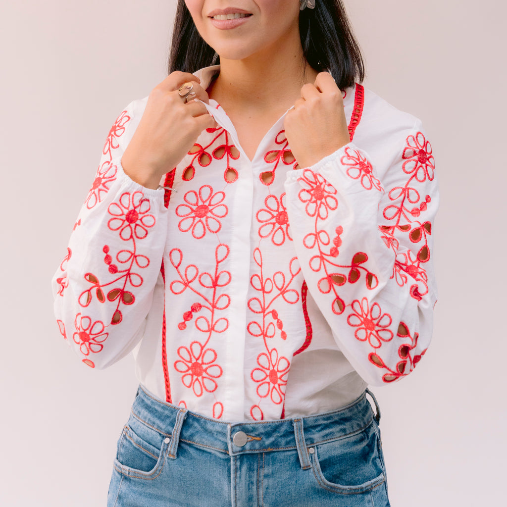 Camisa Bordado Flores Rojas