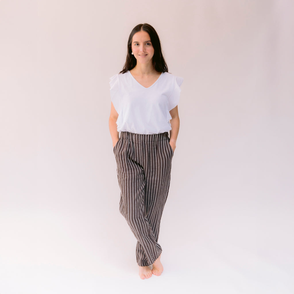 Pantalón Lino Café rayas Beige