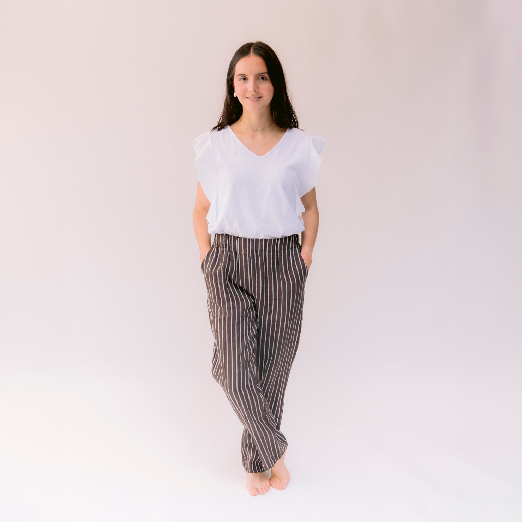 Pantalón Lino Café rayas Beige