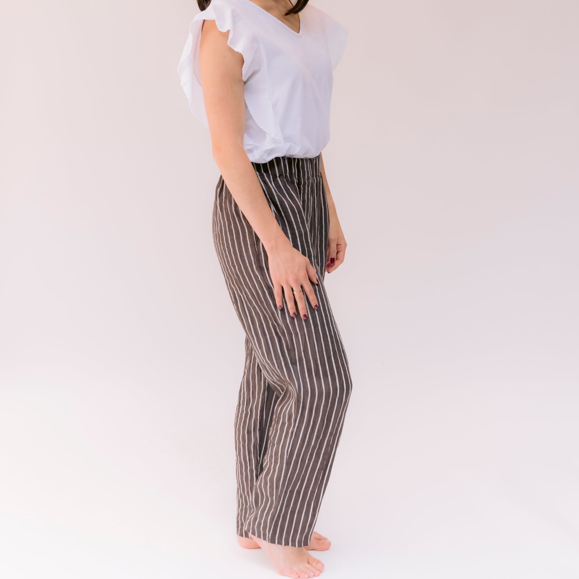Pantalón Lino Café rayas Beige