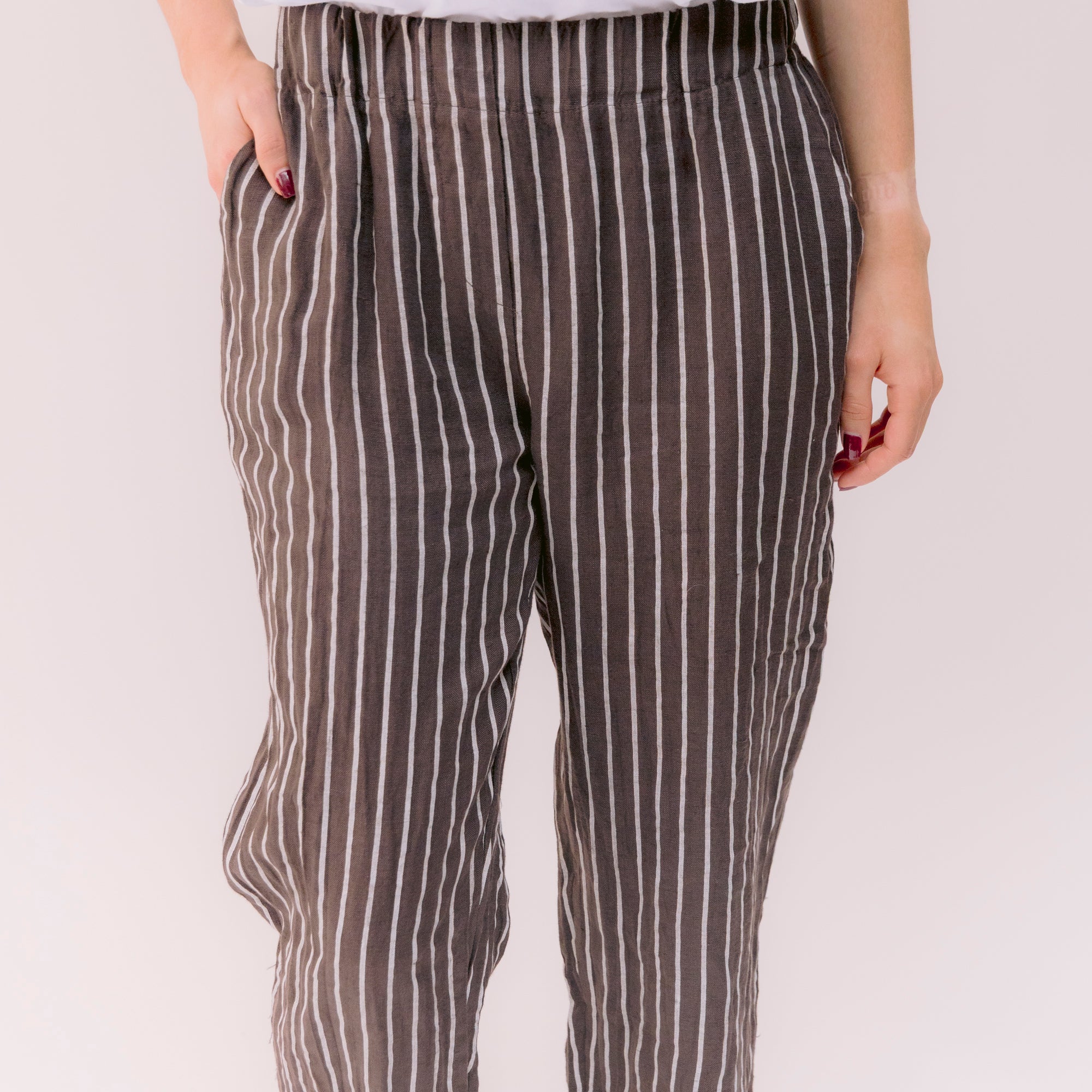 Pantalón Lino Café rayas Beige