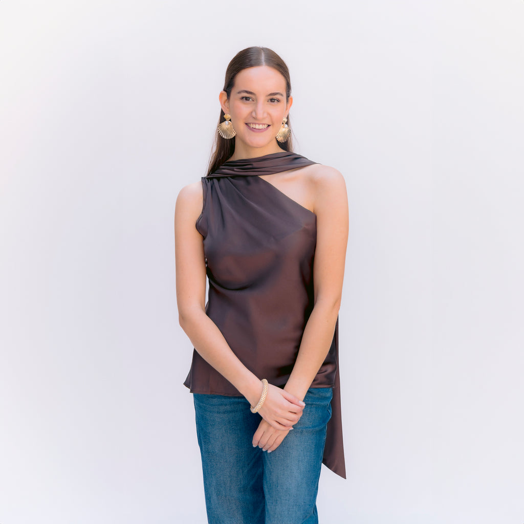 Top Satinado asimétrico Café