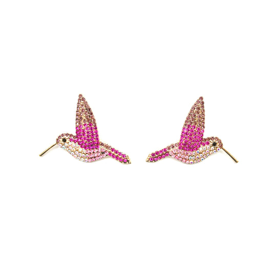 Aretes Volátiles Colibrí con Cristales Rosas y Dorados