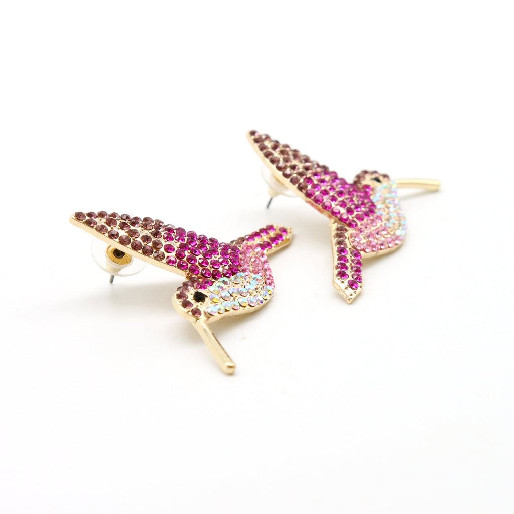 Aretes Volátiles Colibrí con Cristales Rosas y Dorados