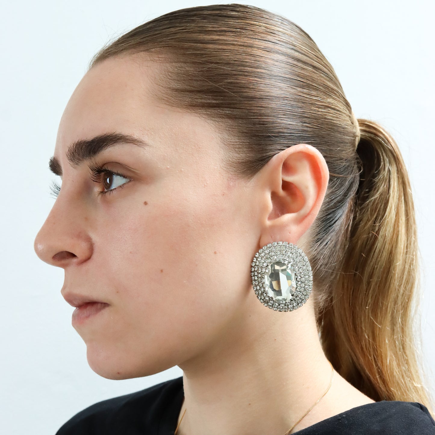 Aretes Circulares Brillantes con Baño de Rodio y Centro de Cristal Facetado