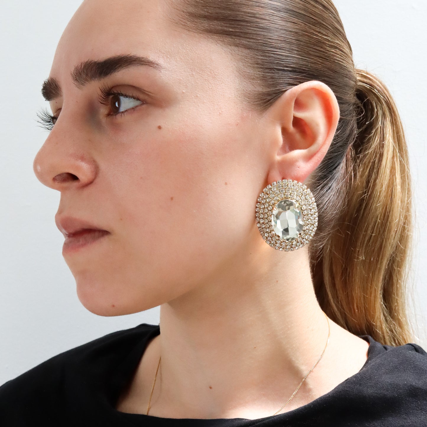 Aretes Circulares Brillantes con Baño de Rodio y Centro de Cristal Facetado